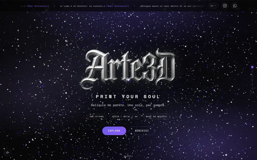 La prima schermata di arte3d.store: il logo Arte3D cromato su un cielo stellato