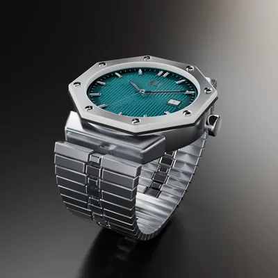 Orologio con lunetta ottagonale e quadrante petrolio a griglia