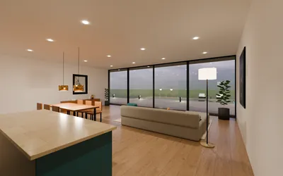 Soggiorno della villa con cucina petrolio e vista sulla piscina