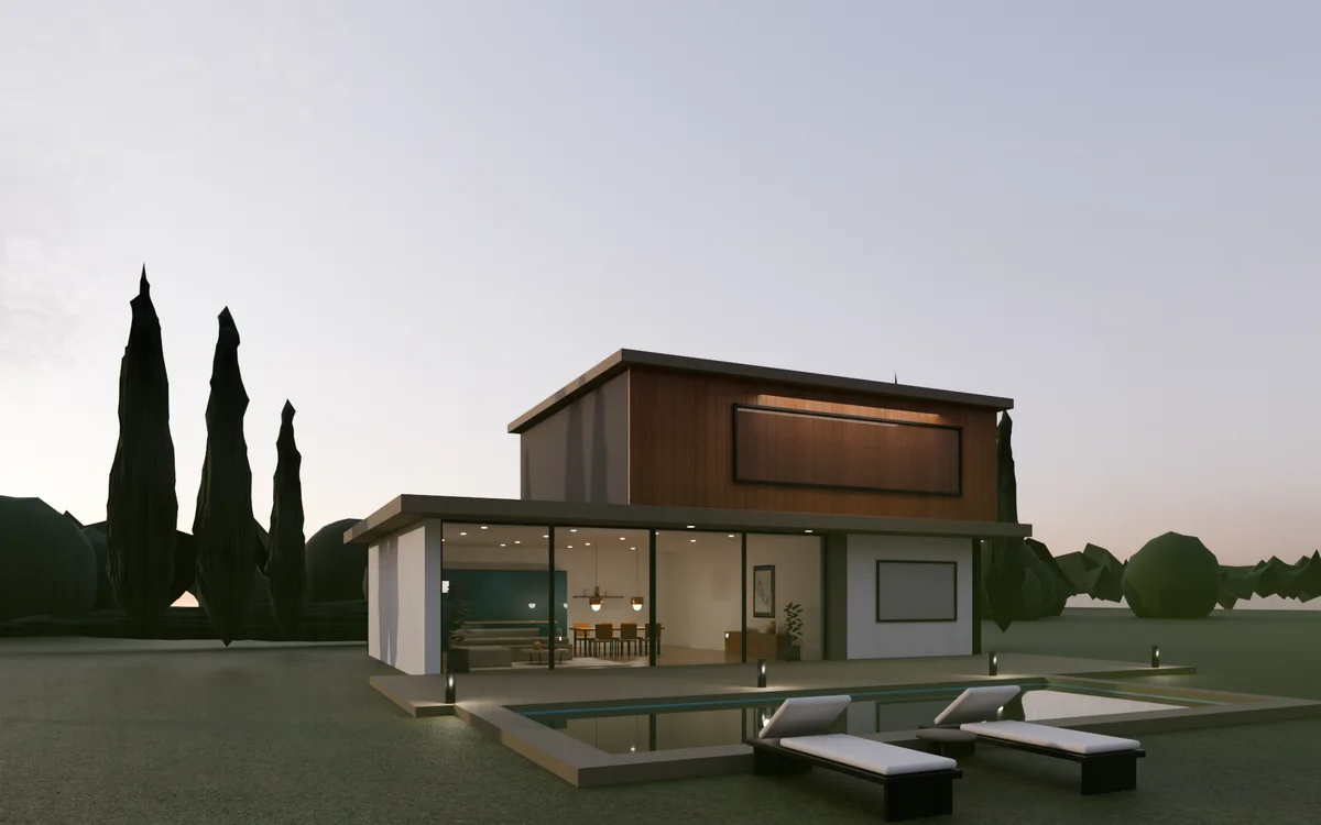 Villa dimostrativa con piscina e cipressi, modellata in 3D